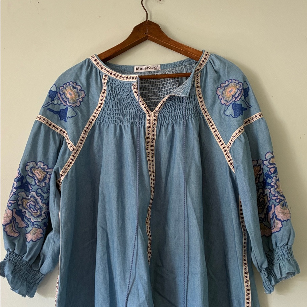 Miss Koo Paris Blue Floral Embroidered Tunic with tassels